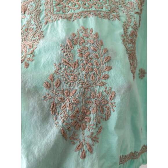 Roller Rabbit Embroidered Tunic Top V-Neck Short Sleeve Aqua Tan M - Picture 11 of 13